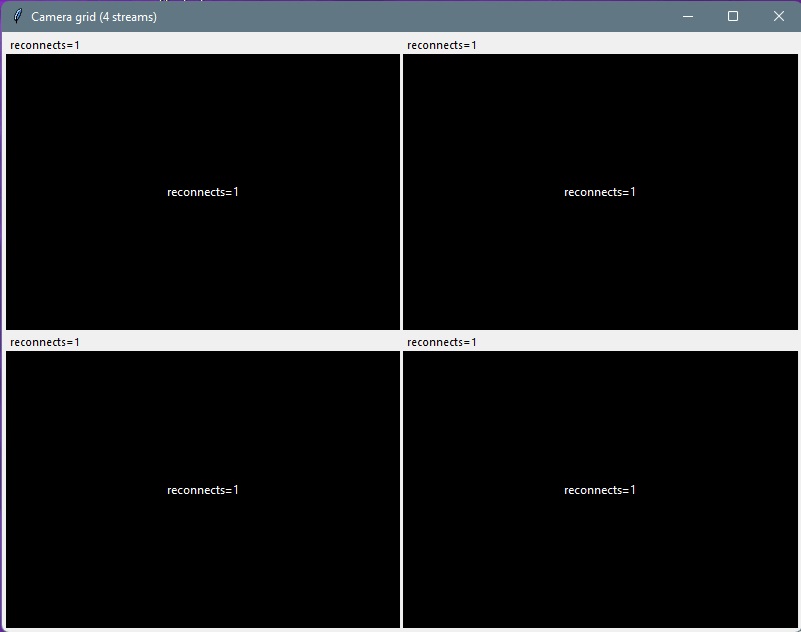 Screenshot of Cam Grid App showing four RTSP camera feeds in a 2×2 grid on Windows